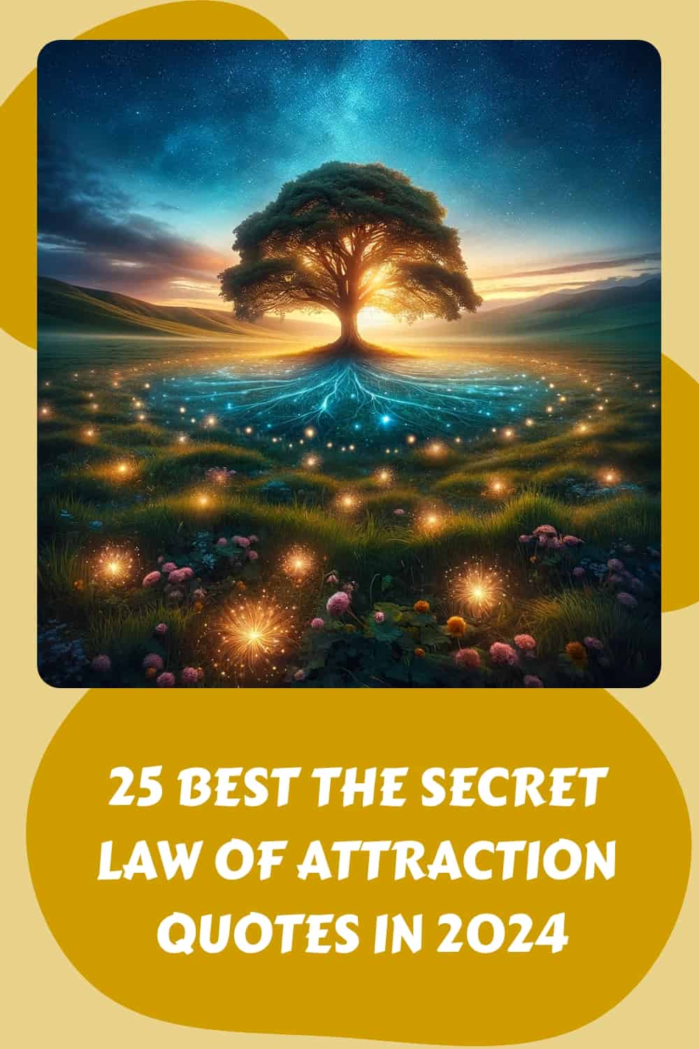 A vibrant digital artwork depicting a lone tree illuminated by magical lights, paired with text about the top 25 the secret law of attraction quotes for 2024.