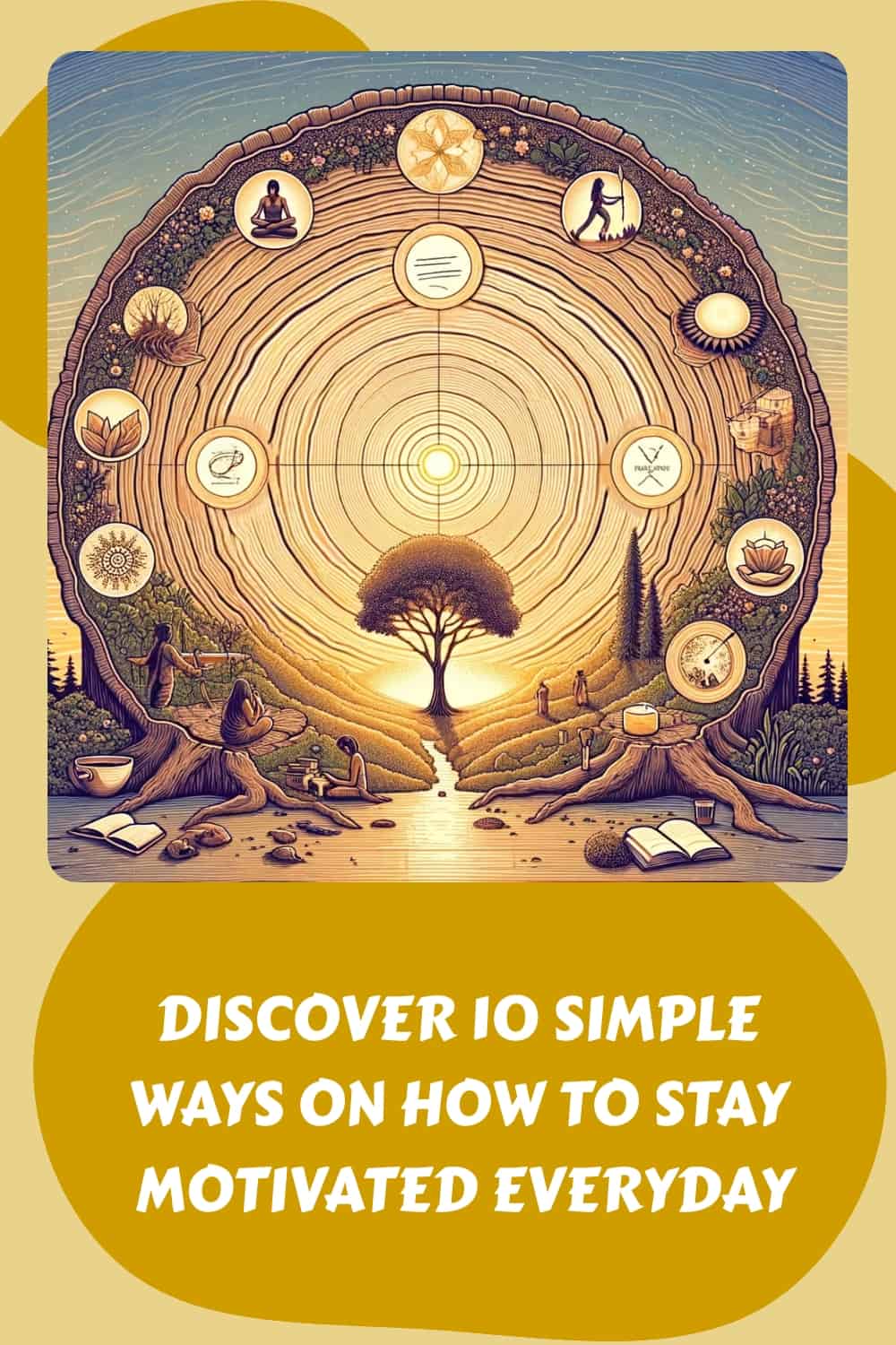 Illustration of a tree of life concept with diverse icons representing various aspects of life and time, accompanied by an inspirational message about how to stay motivated everyday.