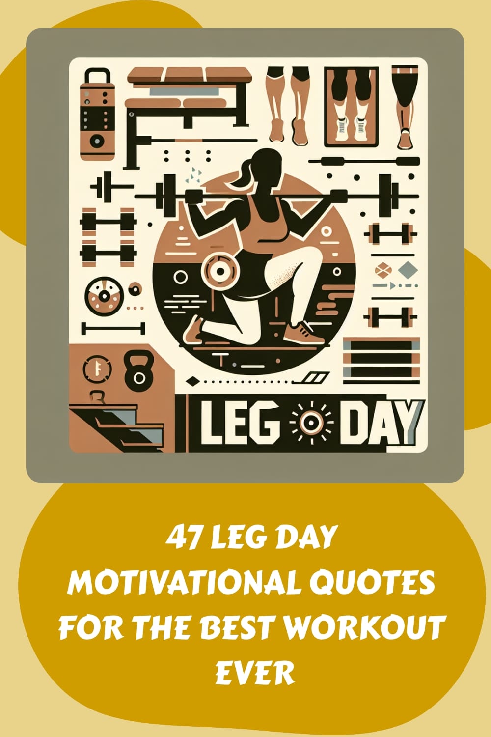 Image promoting leg day workout with a person lifting weights and fitness icons. Text reads, "47 Leg Day Motivational Quotes for the Best Workout Ever." Get inspired and power through your next session!