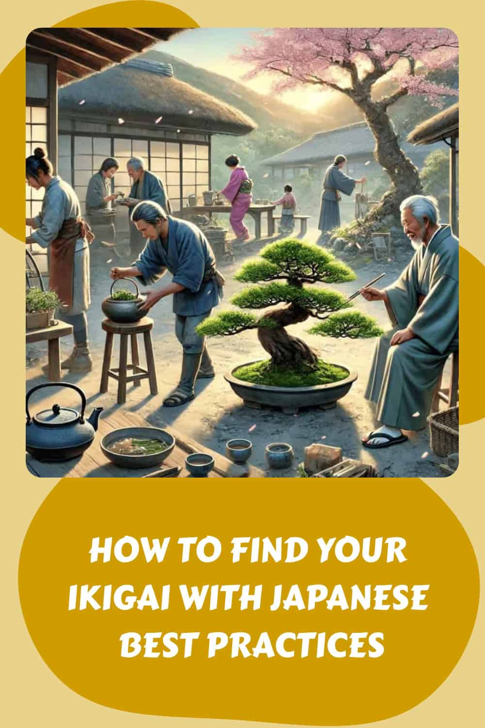 In a traditional Japanese setting, people care for plants and bonsai trees, embodying the art of nurturing nature. Discover how to find your ikigai with these Japanese best practices—a harmonious journey to purpose and fulfillment.