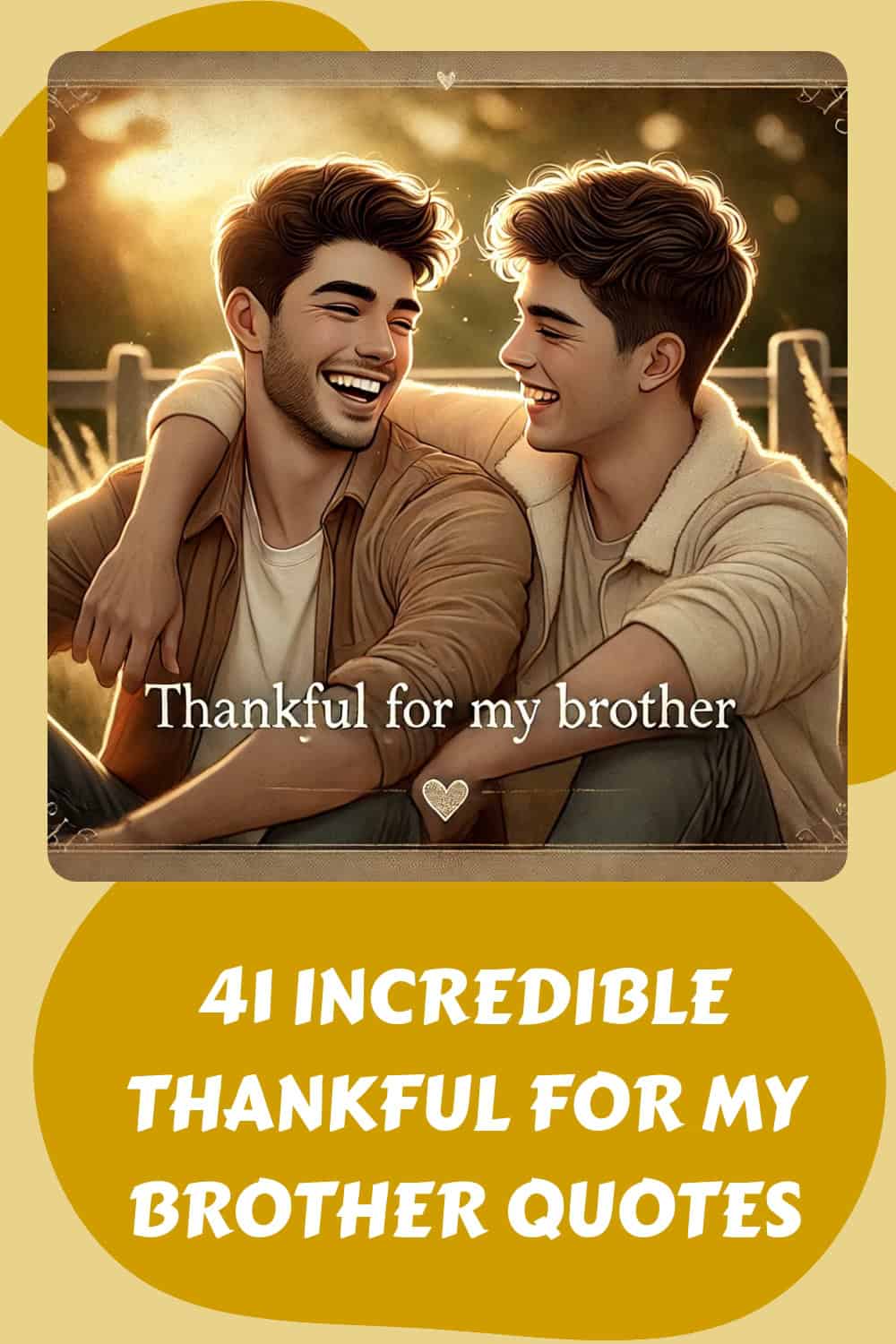 Two smiling men sit together on a field, with the text "Thankful for my brother." Below is a book cover titled "41 Incredible Thankful for My Brother Quotes," showcasing heartwarming thankful for my brother quotes.
