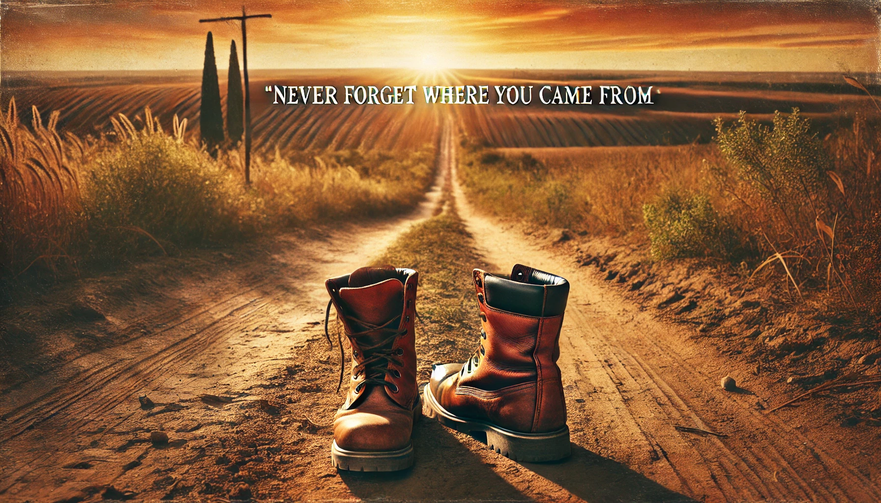 A pair of boots on a dirt road at sunset with the text